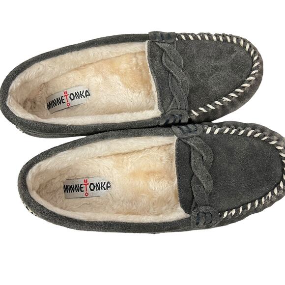 Minnetonka MINNETONKA Dark Gray Suede Sherpa Slippers 8 Comfortable Warm - Picture 6 of 10